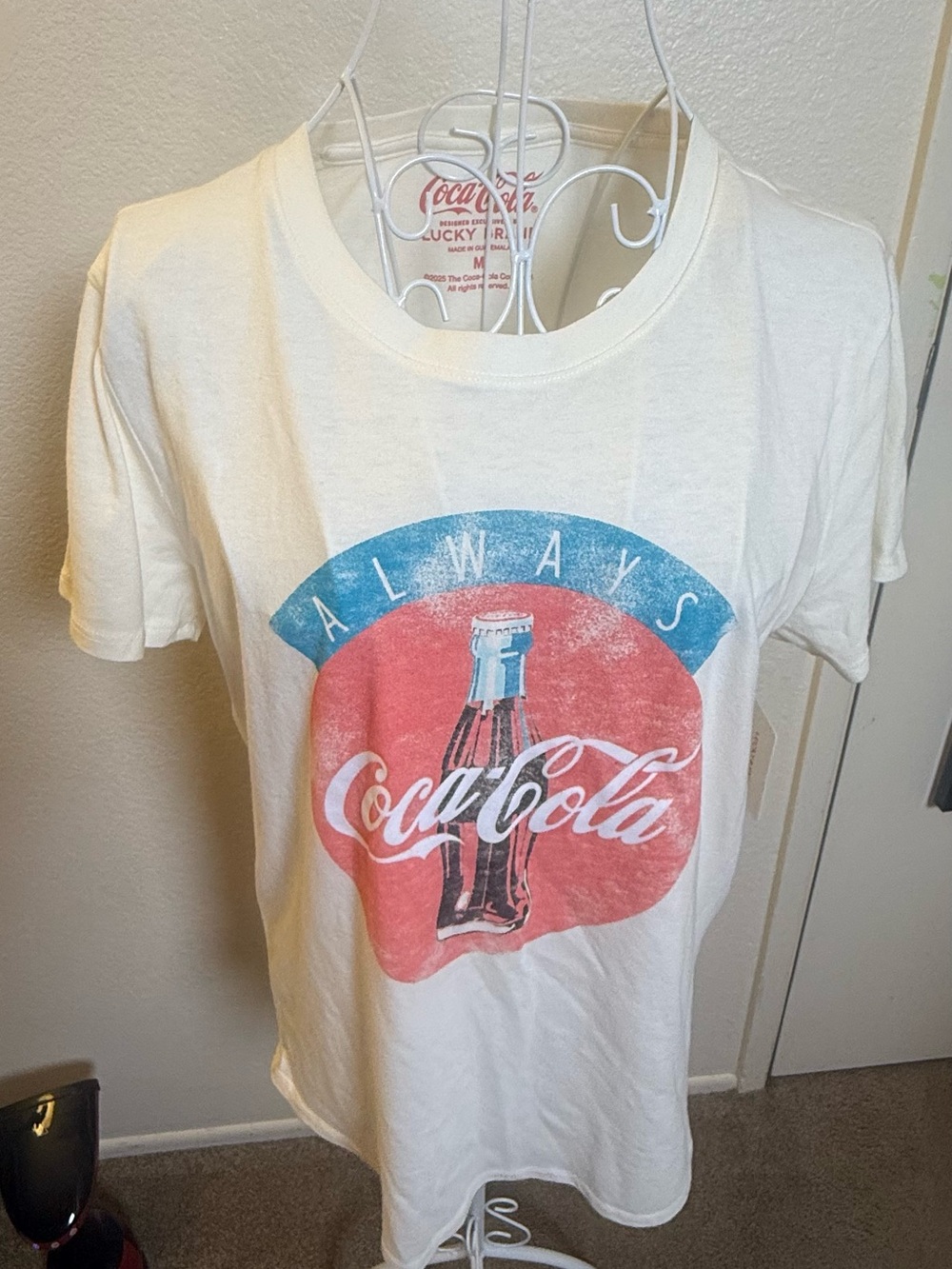 Coca Cola White Tee with Red & Blue Retro Bottle Graphic